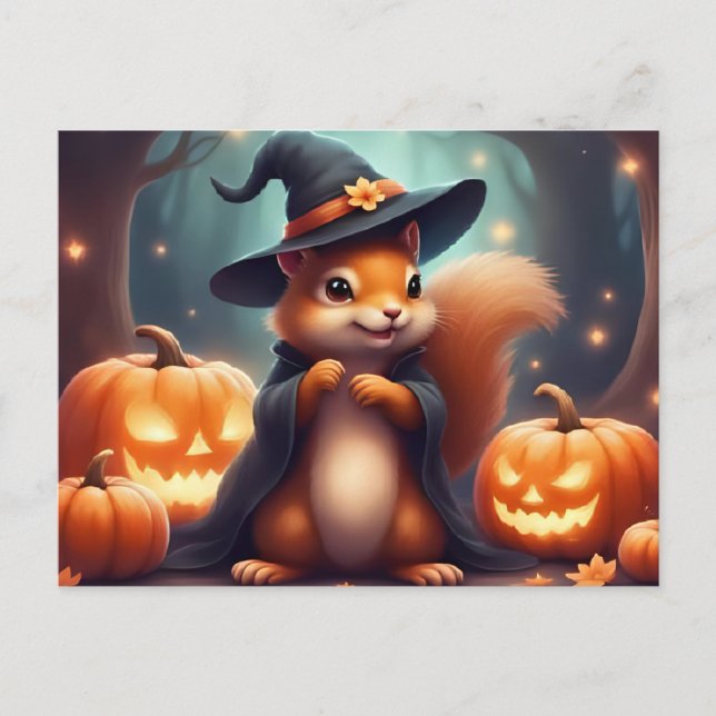 Halloween Squirrel och Jack O'Lantern Helg Vykort (Framsida)