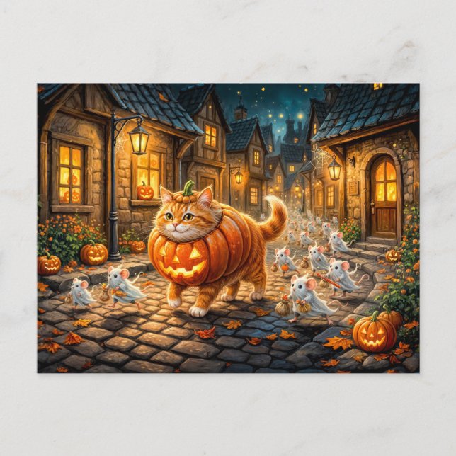 Halloween stadsrundtur med katt och möss vykort (Framsida)