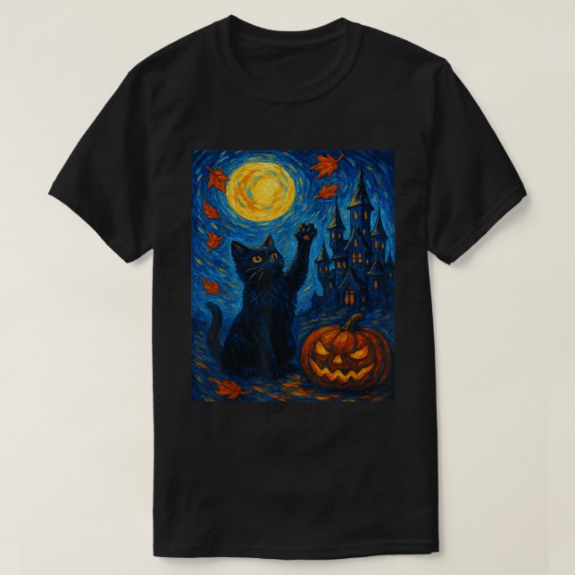 Halloween Starry Night Black Cat Art T Shirt (Design framsida)