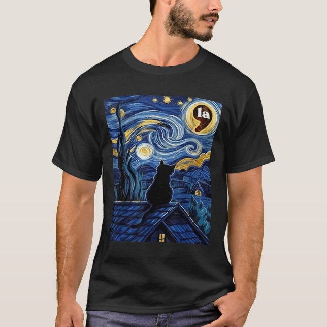 Halloween Starry Night Black Cat Comma La Kamala H T Shirt (Framsida)