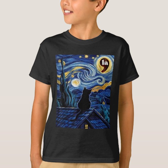 Halloween Starry Night Black Cat Comma La Kamala H T Shirt (Framsida)