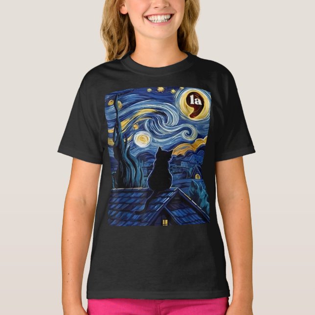 Halloween Starry Night Black Cat Comma La Kamala T Shirt (Framsida)
