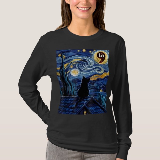 Halloween Starry Night Black Cat Comma La Kamala T Shirt (Framsida)