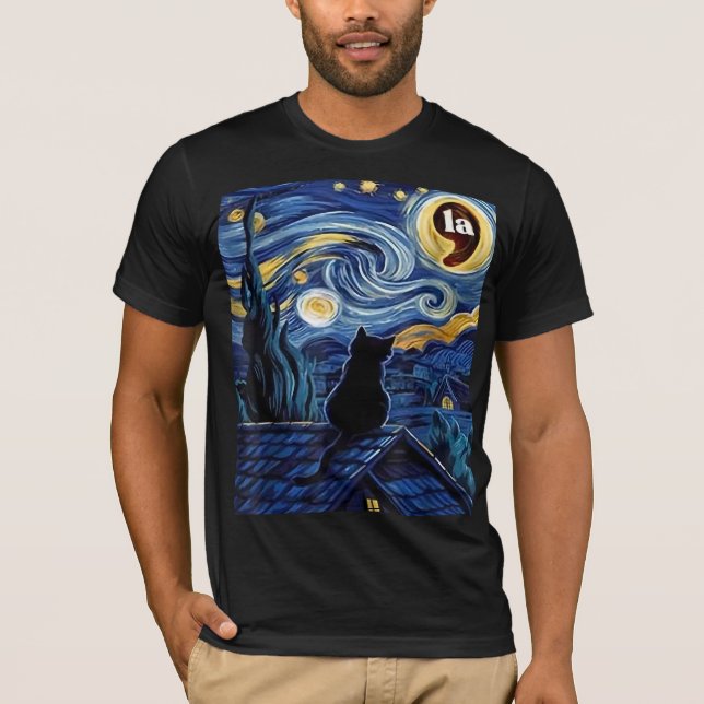 Halloween Starry Night Black Cat Comma La Kamala T Shirt (Framsida)
