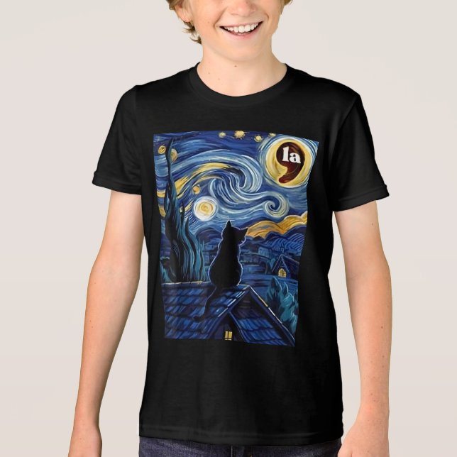 Halloween Starry Night Black Cat Comma La Kamala T Shirt (Framsida)