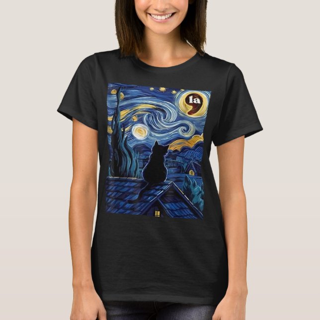 Halloween Starry Night Black Cat Comma La Kamala T Shirt (Framsida)