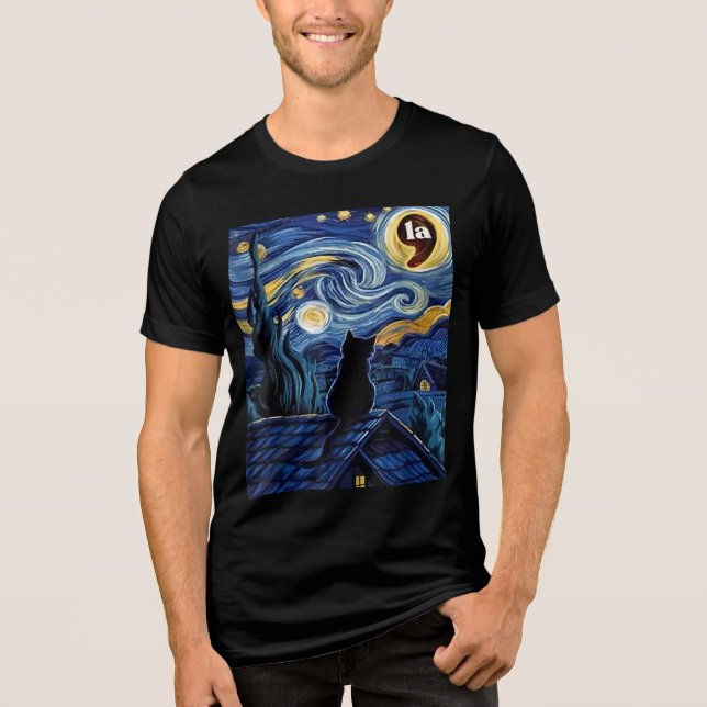 Halloween Starry Night Black Cat Comma La Kamala T Shirt (Framsida)