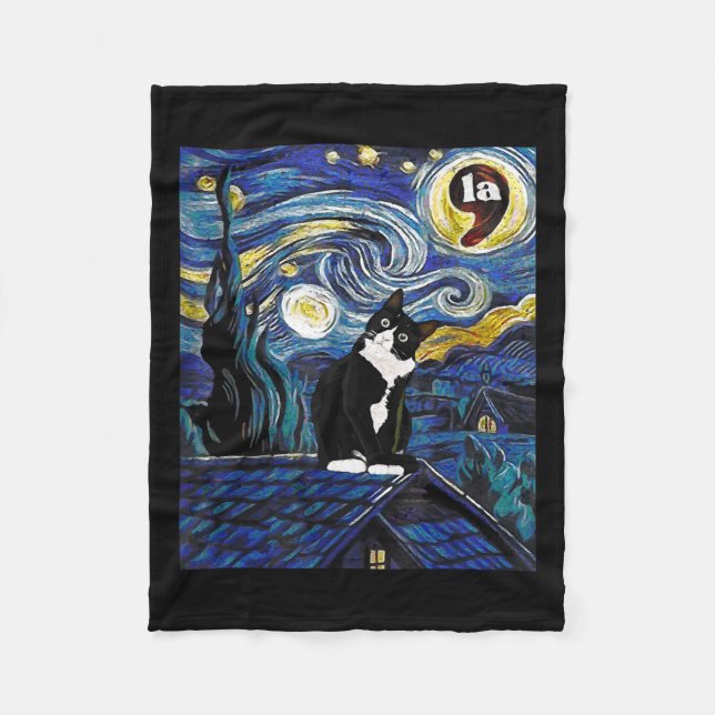 Halloween Starry Night Tuxedo Cat Comma La Kamala Fleecefilt (Framsidan)