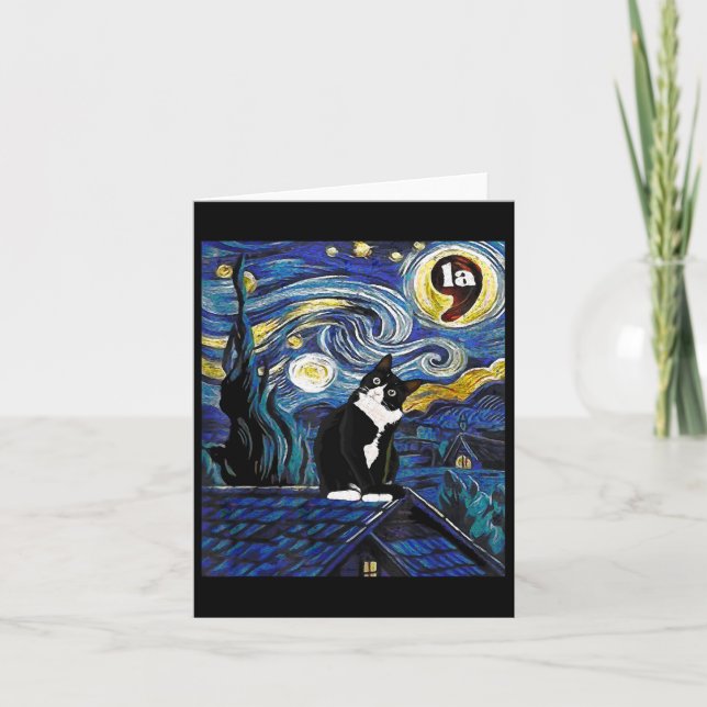 Halloween Starry Night Tuxedo Cat Comma La Kamala Kort (Framsida)