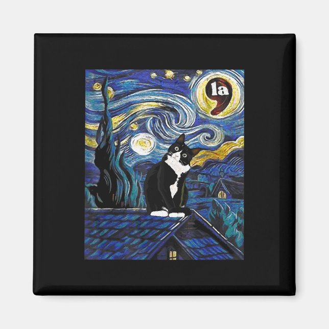 Halloween Starry Night Tuxedo Cat Comma La Kamala Magnet (Framsidan)