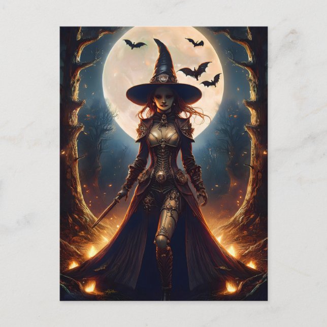 Halloween Steampunk Forest Witch Vykort (Framsida)