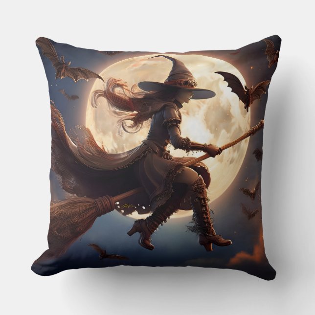 Halloween Steampunk Häxa Månskensflykt Kudde (Framsida)