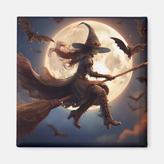 Halloween Steampunk Häxa Månskensflykt Magnet (Framsidan)