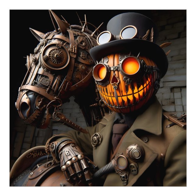 Halloween Steampunk Jack-O-Lantern Horseman Fototryck (Framsidan)