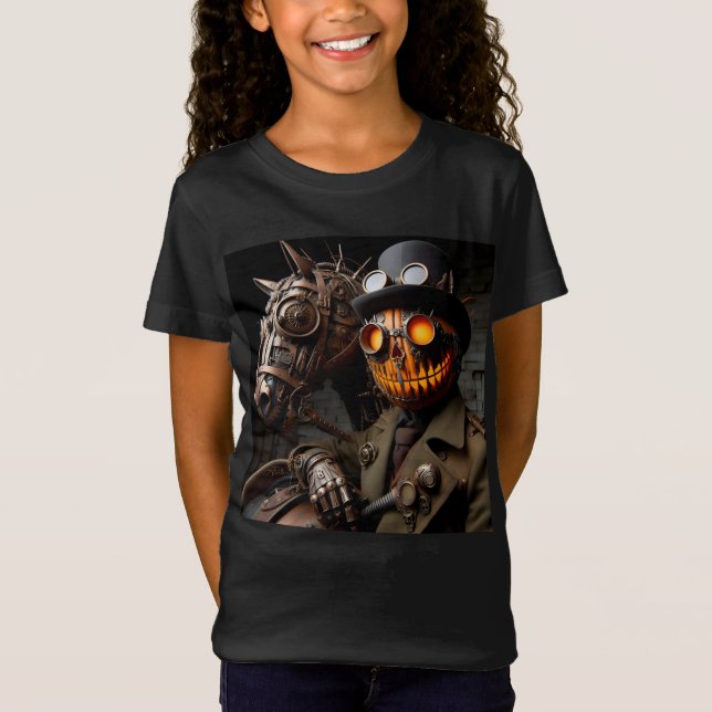 Halloween Steampunk Jack-O-Lantern Horseman T Shirt (Framsida)