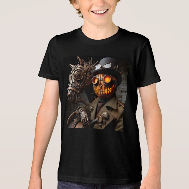 Halloween Steampunk Jack-O-Lantern Horseman T Shirt (Framsida)