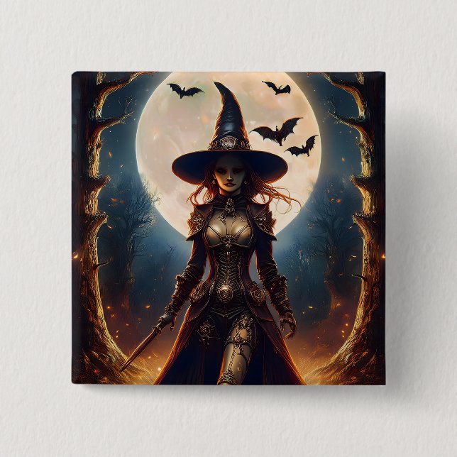 Halloween Steampunk Skogshäxa Knapp (Framsida)