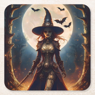 Halloween Steampunk Skogshäxa Underlägg Papper Kvadrat