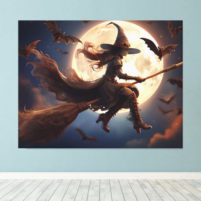 Halloween Steampunk Witch Moonlight Flight Canvastryck (Insitu (trägolv))