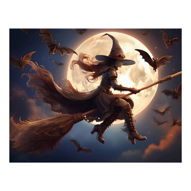 Halloween Steampunk Witch Moonlight Flight Fototryck (Framsidan)