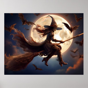 Halloween Steampunk Witch Moonlight Flight Poster