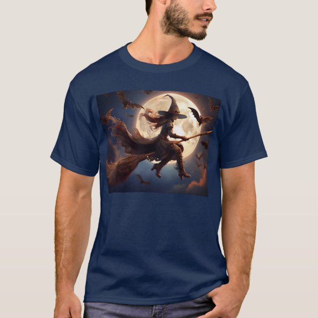 Halloween Steampunk Witch Moonlight Flight T Shirt (Framsida)
