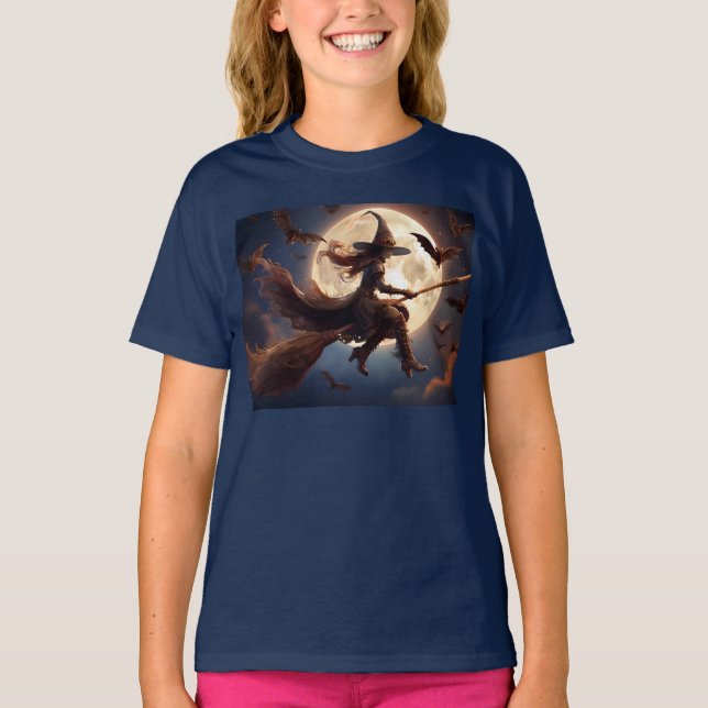 Halloween Steampunk Witch Moonlight Flight T Shirt (Framsida)