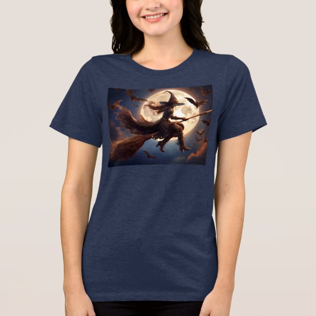Halloween Steampunk Witch Moonlight Flight T Shirt (Framsida)