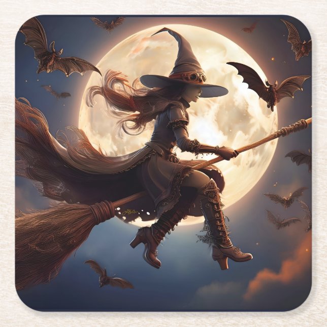 Halloween Steampunk Witch Moonlight Flight Underlägg Papper Kvadrat (Framsidan)