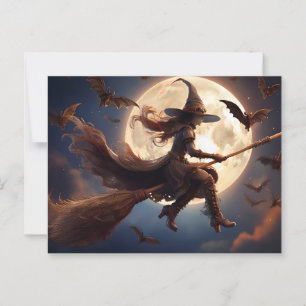 Halloween Steampunk Witch Moonlight Flight Vykort