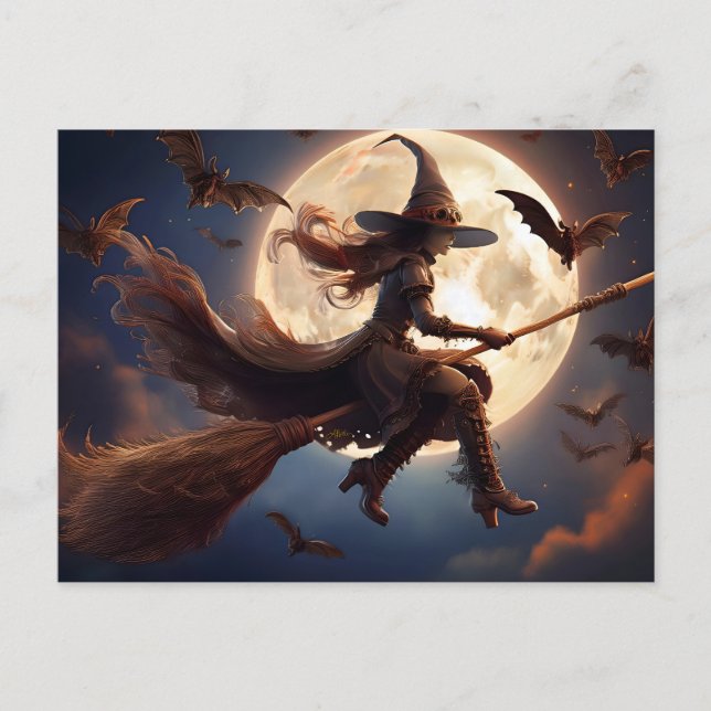 Halloween Steampunk Witch Moonlight Flight Vykort (Framsida)
