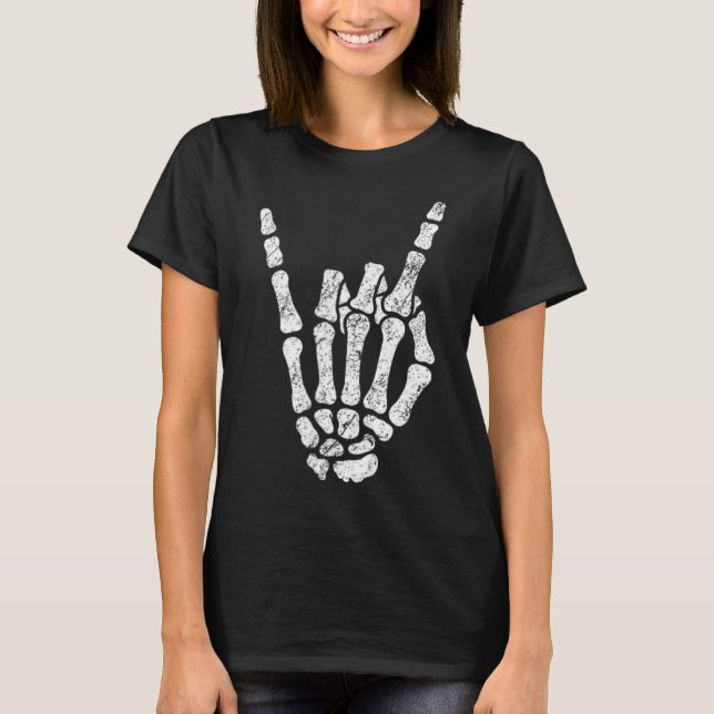 Halloween Sten Hand Sign Skeleton Rock N Roll Symb T Shirt (Framsida)