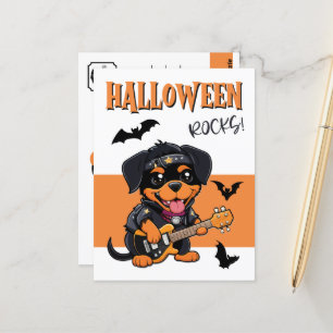 Halloween Sten Rottweiler Tecknad Spela Guitar Vykort