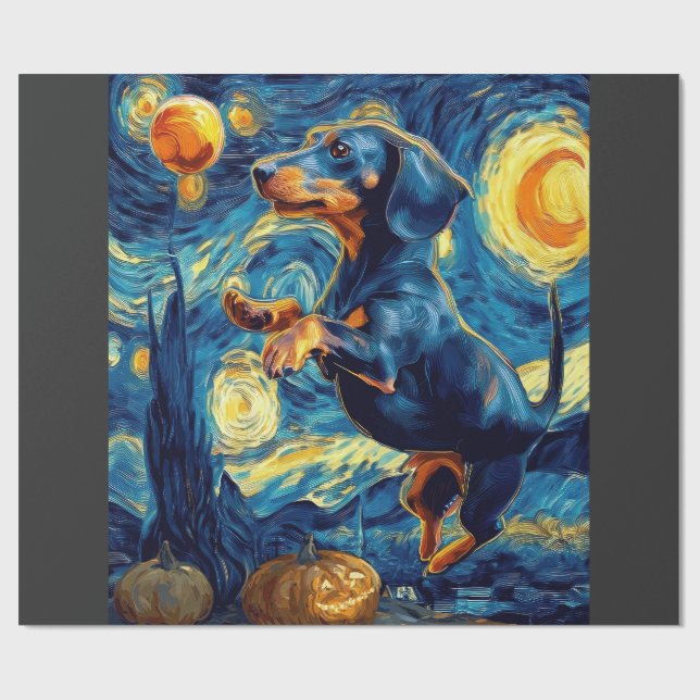 Halloween Stjärnklar Natt Valp Dachshund Presentpapper (Platt)
