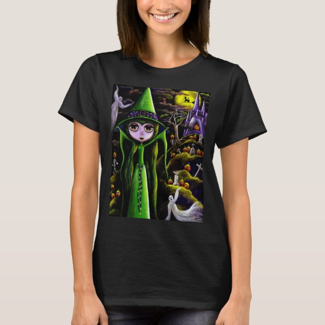 Halloween Stort öga Grönt Witch Girl Spöken Pumpki T Shirt (Framsida)