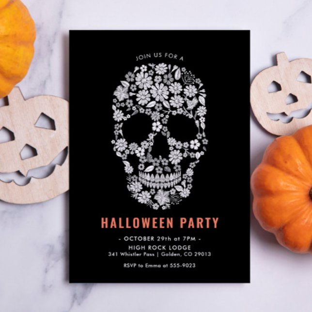 Halloween Sugar Skull Black Blommigt-inbjudan Inbjudningar (Skapare uppladdad)
