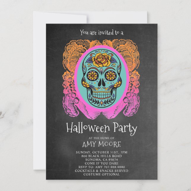 Halloween Sugar Skull Chalkboard Party-inbjudan Inbjudningar (Framsida)