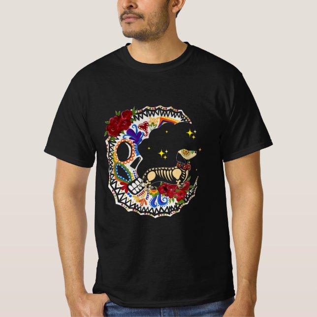 Halloween Sugar Skull Dachshund och Måne-gåva T Shirt (Framsida)