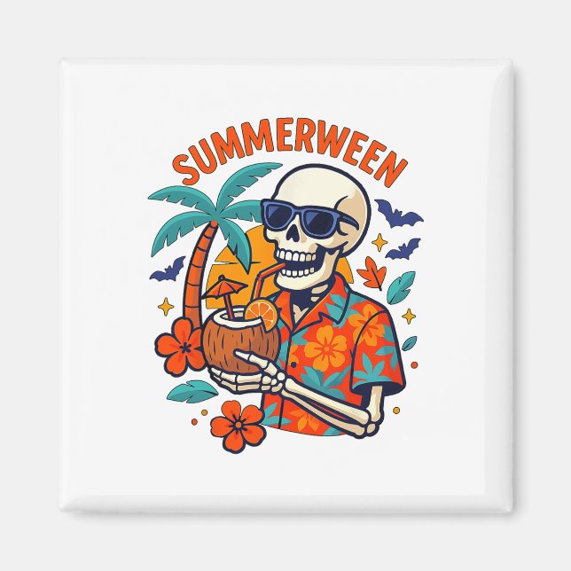 Halloween Summer Ween Skeleton Spooky Vacation Flo Magnet (Framsidan)