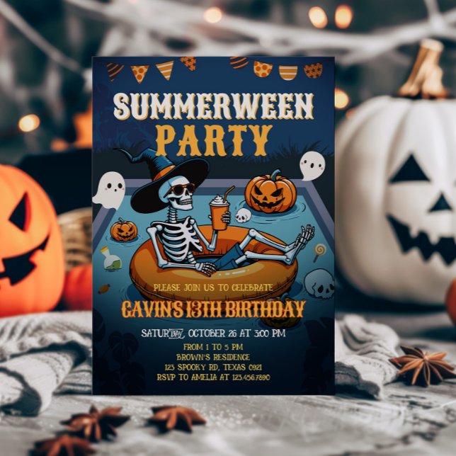 Halloween Summerween Bassäng Birthday Inbjudningar (Halloween Pool Summerween Birthday Invitation)