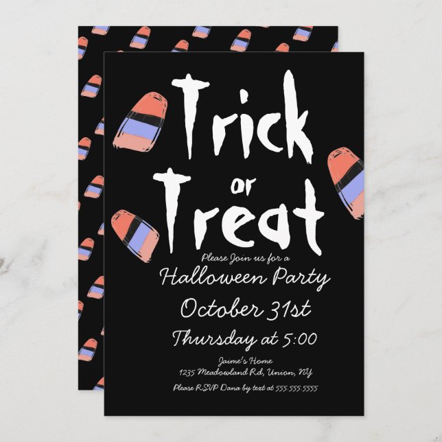 Halloween-süßigkeit Kostym Klotter Design Svart Inbjudningar (Fram/baksida)