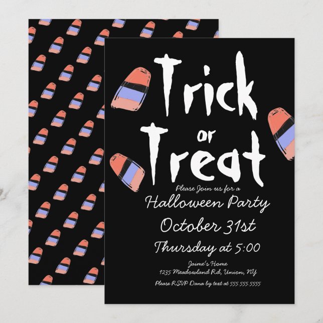 Halloween-süßigkeiten Kostym Doodle Design Svart Inbjudningar (Fram/baksida)
