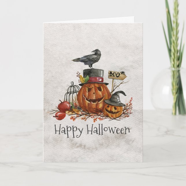 Halloween svart fågel och pumpahälsningkort kort (Framsida)