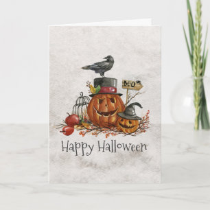 Halloween svart fågel och pumpahälsningkort kort