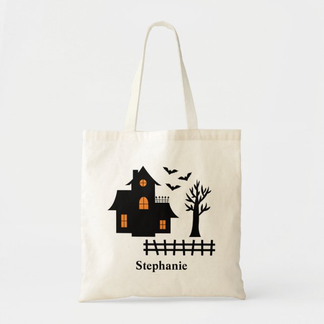 Halloween Svart Hemsökt Hus Silhuett Och Namn Tygkasse (Framsidan)