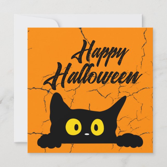 Halloween Svart Katt Distressed Textur Orange Julkort (Framsida)
