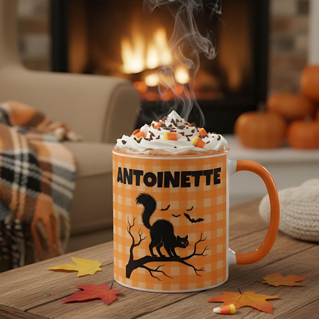 Halloween Svart Katt & Fladdermöss Orange Plaid Na Mugg (Skapare uppladdad)