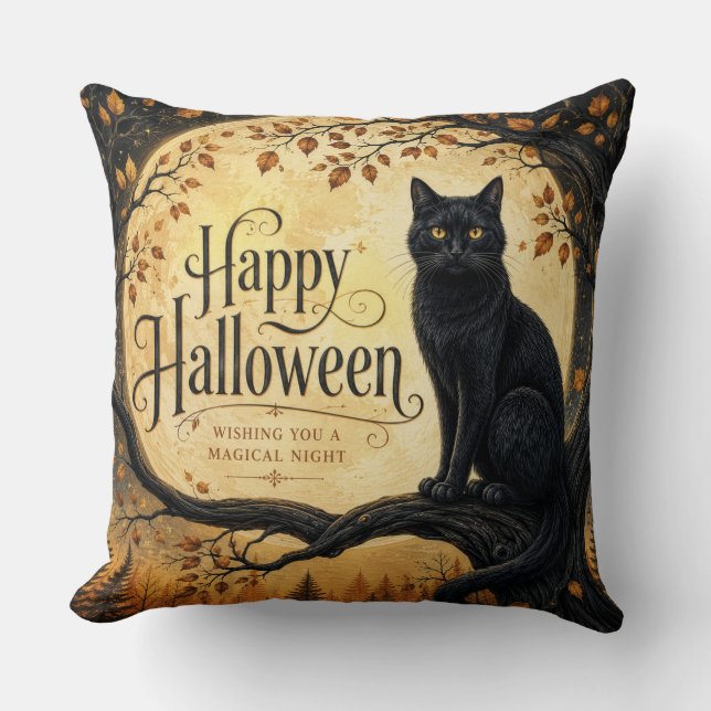 Halloween Svart Katt Fullmåne Träd Kudde (Framsida)
