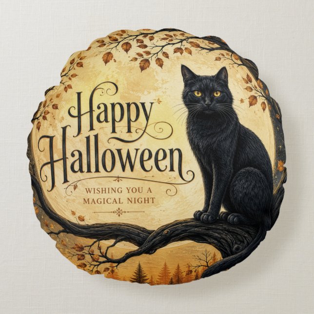 Halloween Svart Katt Fullmåne Träd Rund Kudde (Framsidan)