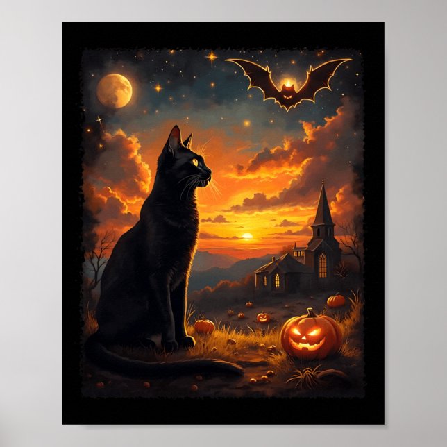 Halloween Svart Katt Gotisk Månscen Fest Poster (Framsidan)